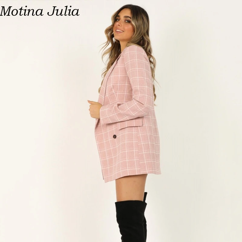 Motina Julia розовый плед Карманы Дамы Блейзер Осень Элегантные повседневные крутые вечерние женские пиджаки куртки зимняя уличная куртка