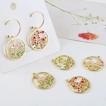 

Chinese style alloy drip oil pavilion spring, summer, autumn and winter flower medal pendant DIY hand-made earring material