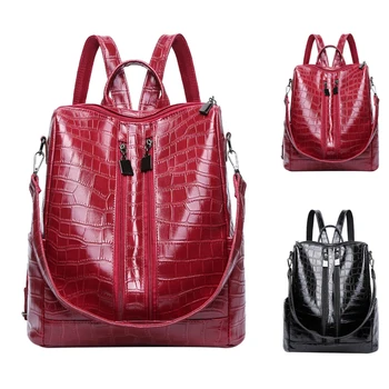 

2020 lowest price Large Capacity Waterproof Striped Lady Stone Pattern Solid Color Faux Leather Backpack Backpack