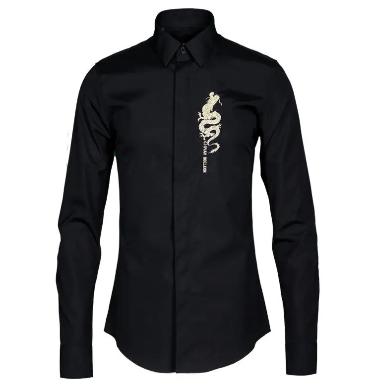 Minglu, мужская рубашка, Chemise Homme, брендовая, золотая, Loong, с вышивкой, мужская рубашка, повседневная, с длинным рукавом, облегающая, Мужская одежда, рубашки размера плюс, 4xl - Цвет: BLACK
