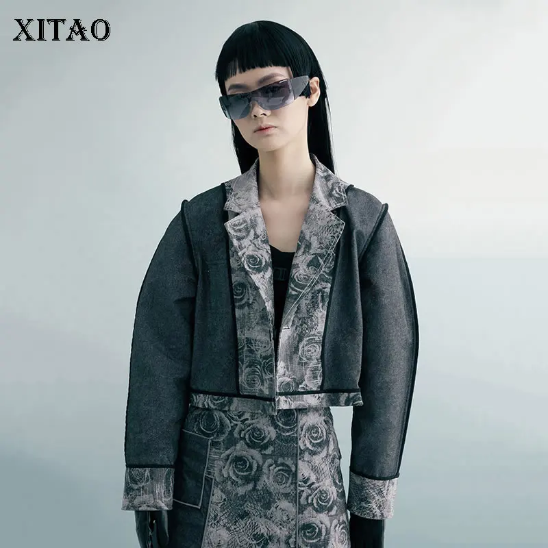 XITAO/женская модная куртка с цветочным принтом, Новая Элегантная куртка на одной пуговице с отложным воротником, длинный рукав,, Осеннее элегантное пальто GCC2501