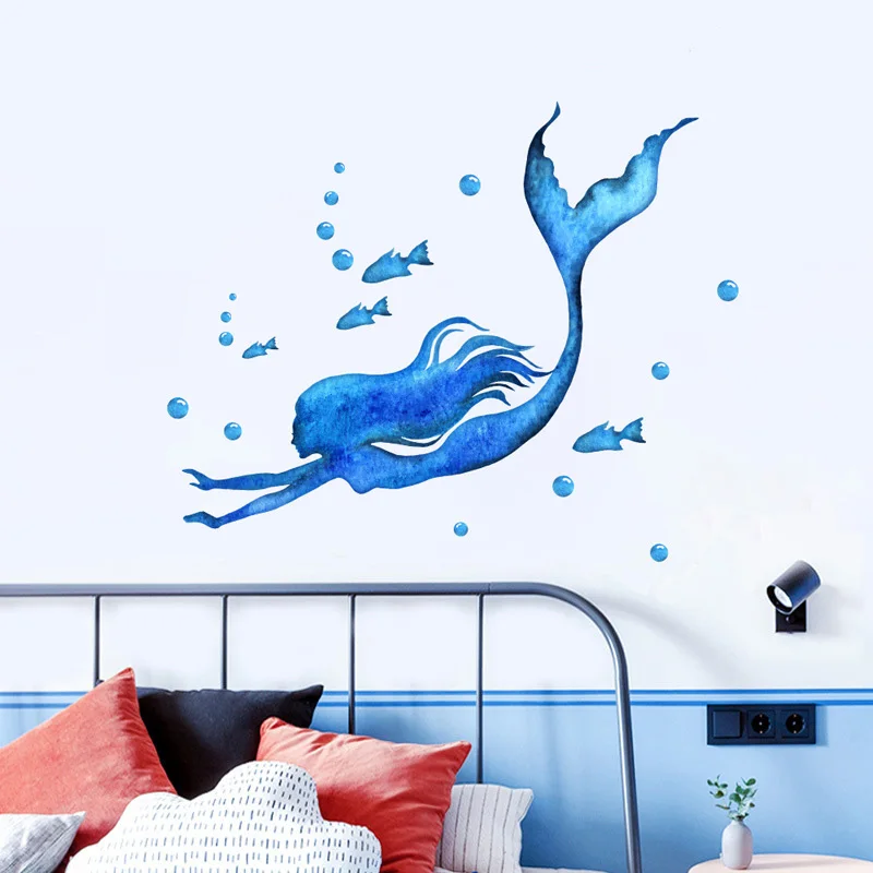 Blue Swimming Mermaid Wall Stickers Bathroom Glass Bedroom Glass Window Home Decoration Self-adhesive Sticker Beautify Wallpaper