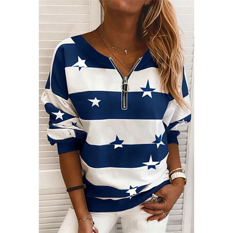hirigin Plus Size Female Pullover Striped/ Star Print V-Neck Shirt Long Sleeve Blouse Tops for Summer Fall S-5XL | Женская одежда