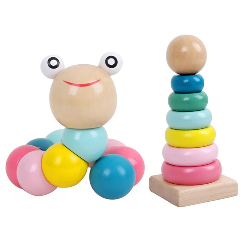 

Wooden Blocks Toys Childhood Learning Toy Children Kids Rainbow Stacking Ring Tower Blocks Enlightenment Educational Infant Toys