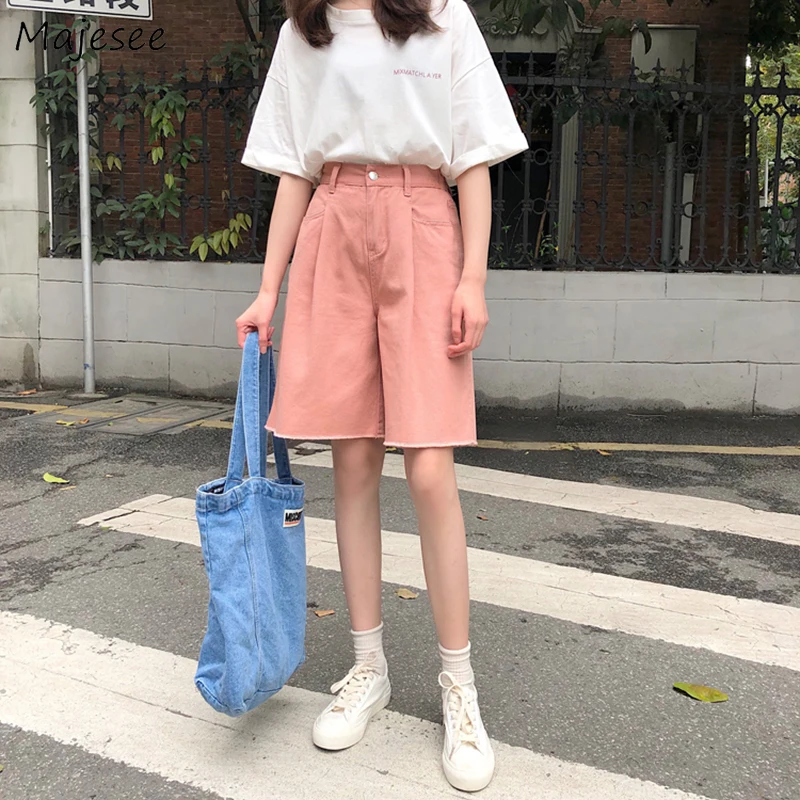 Шорты женские розовые Kawaii с высокой талией BF Harajuku корейский стиль студенческие кнопки карман повседневные свободные однотонные простые