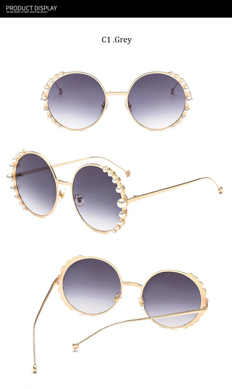 Luxury Beads Round Sunglasses Women Fashion Alloy Frame Brand Pearls Designer Sun Glasses For Female Brown Shades UV400 New