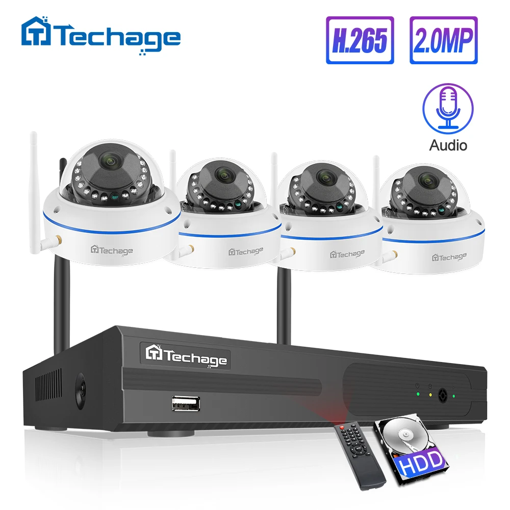  Techage 4CH 1080P Wireless NVR Kit CCTV Security System Audio Record 2.0MP Indoor Dome WiFi IP Came - 32844490170