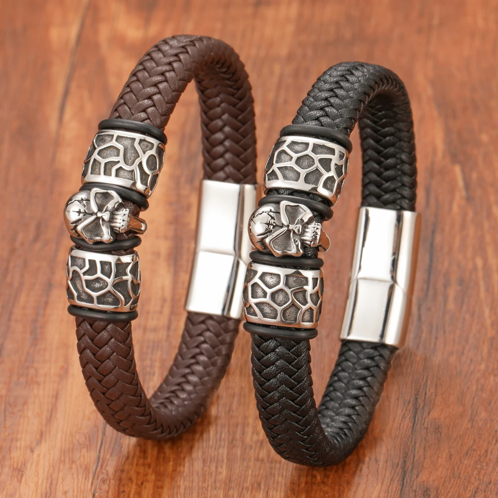 New Retro Style Skull Woven Leather Bracelet for Men Stainless Steel Magnetic Clasp Fashion Jewelry Bangles Gift - Image 6