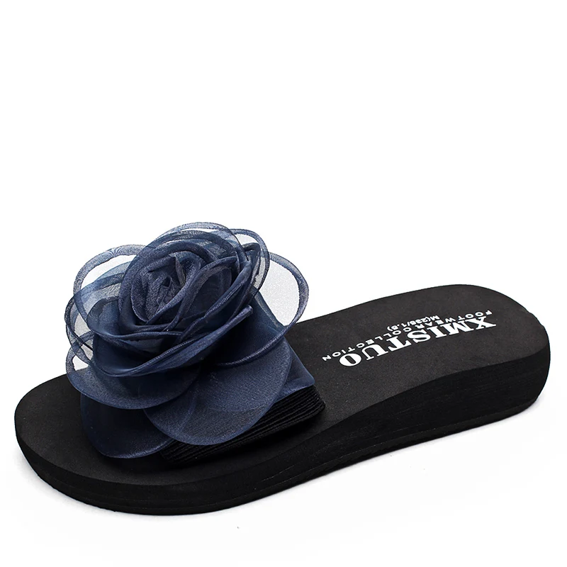 

Women Shoes High Quality Summer Beauty Students Ladies Beach Stretch Fabric Slippers Lace With Chiffon Flowers EVA Thick Sandals