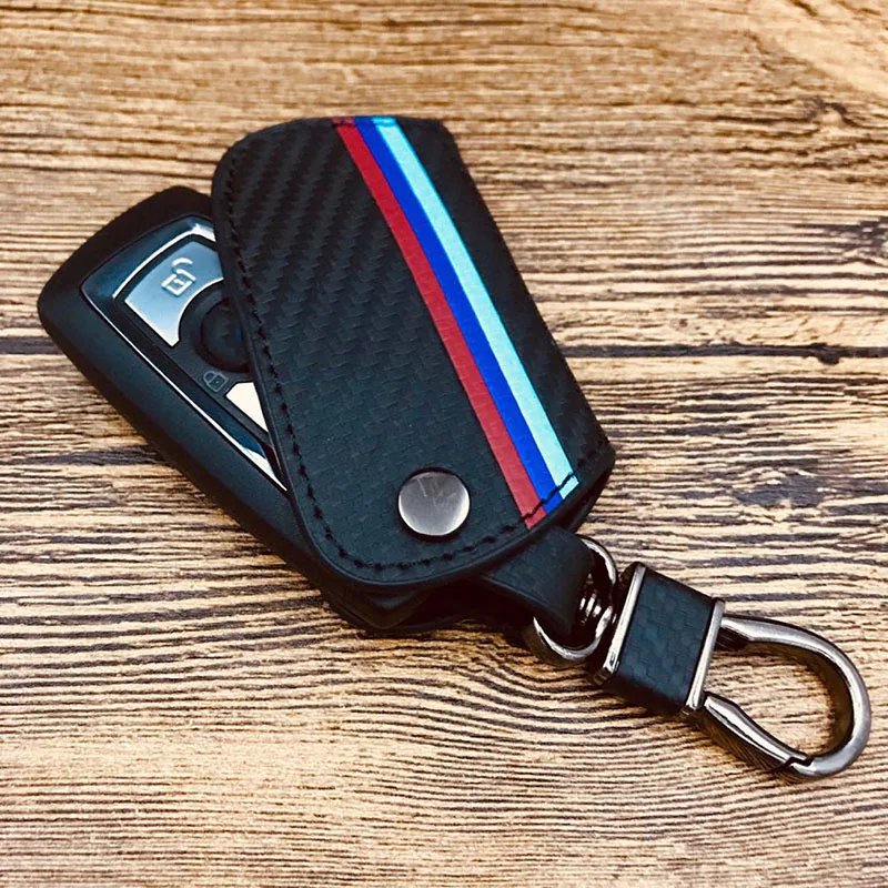 Автомобильный держатель для ключей M-colored в полоску для BMW F10 F30 X4 M4 X3 G30 из углеродного волокна, кожаный смарт-брелок для ключей раскладной стул с металлической рамой