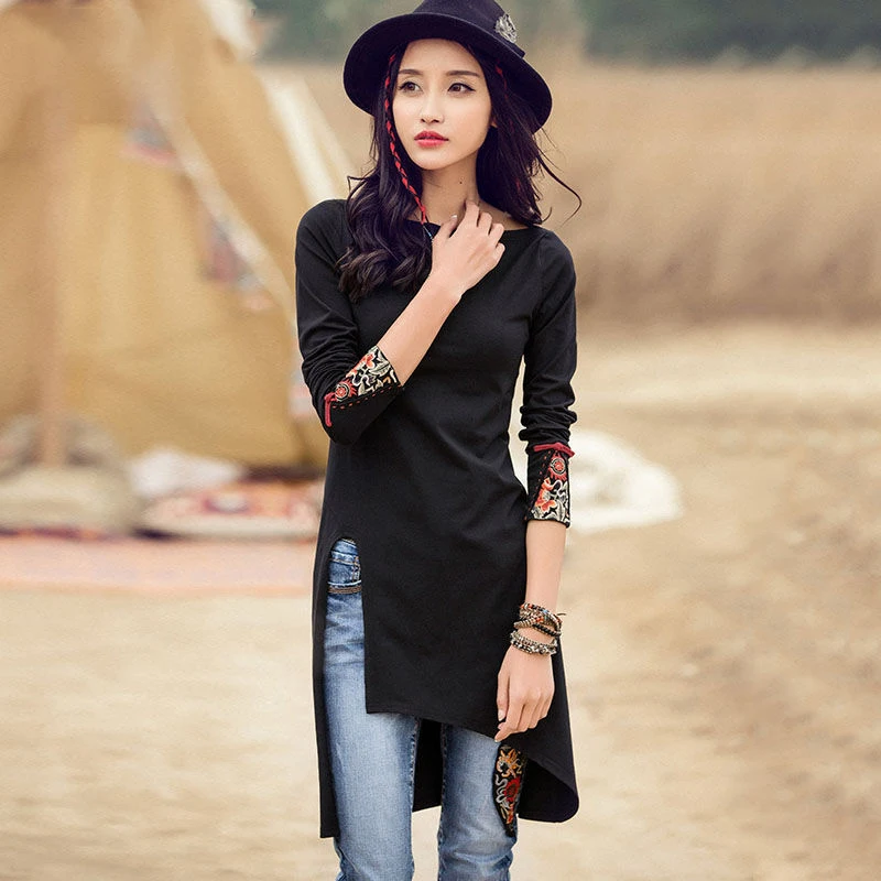 

Ethnic Embroidery Long Black Tshirt Women Elegant Side Split Tee Shirt Femme Autumn Long sleeve Boat neck Ladies Tops