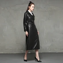 Real Sheepsking Long Coat Women Sheep Leather Windbreaker Zipper with Belt Genuine Leather Dress Winter gl0152