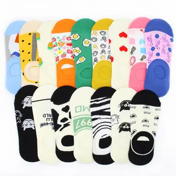 

Summer Cartoon Kawaii Funny Women Slipper Socks 5 Pair Fruits Animal Stripe Fashion Boat Sock Low Cut Non Slip No Show Socks