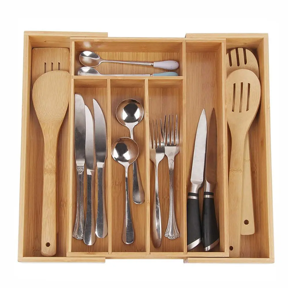 

7-grids Multifunctional Kitchen High Quality Retractable Bamboo Drawer Organizer Storage Box for Kitchen Tableware Cutlery