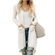 Повседневный ребристый длинный кардиган для женщин, большой размер, длинный рукав, вязаный v-образный вырез, пуговицы, карманы, весна, лето, Осень, женская верхняя одежда, пальто