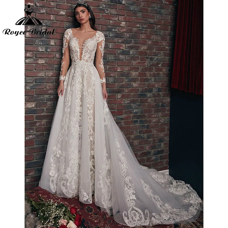Trendy A Line Appliques Deep V-Neck White Wedding Gown TWA4462