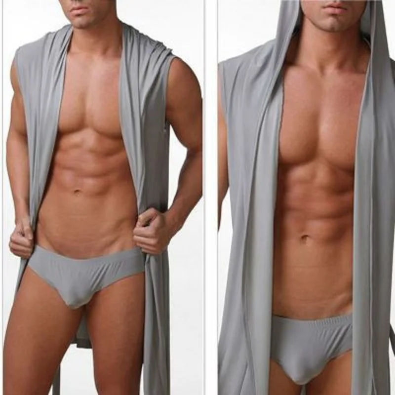 Мужская ледяная шелковая тонкая безрукавная пижама халаты для сна удобные контрактные натуральный фланелевый банный халат ночная рубашка на шнурке - Цвет: grey