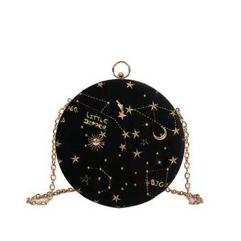 

Women Luxury Round Handbag 2020 Starry Sky Circular Fashion Suede Shoulder Bag Chain Belt Female Messenger Bags Ladies Purse