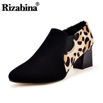 

RIZABINA Women High Heel Pumps Round Toe Thick Heel Real Leather Women Shoes Leopard Sexy Pumps Party Footwear Size 33-42