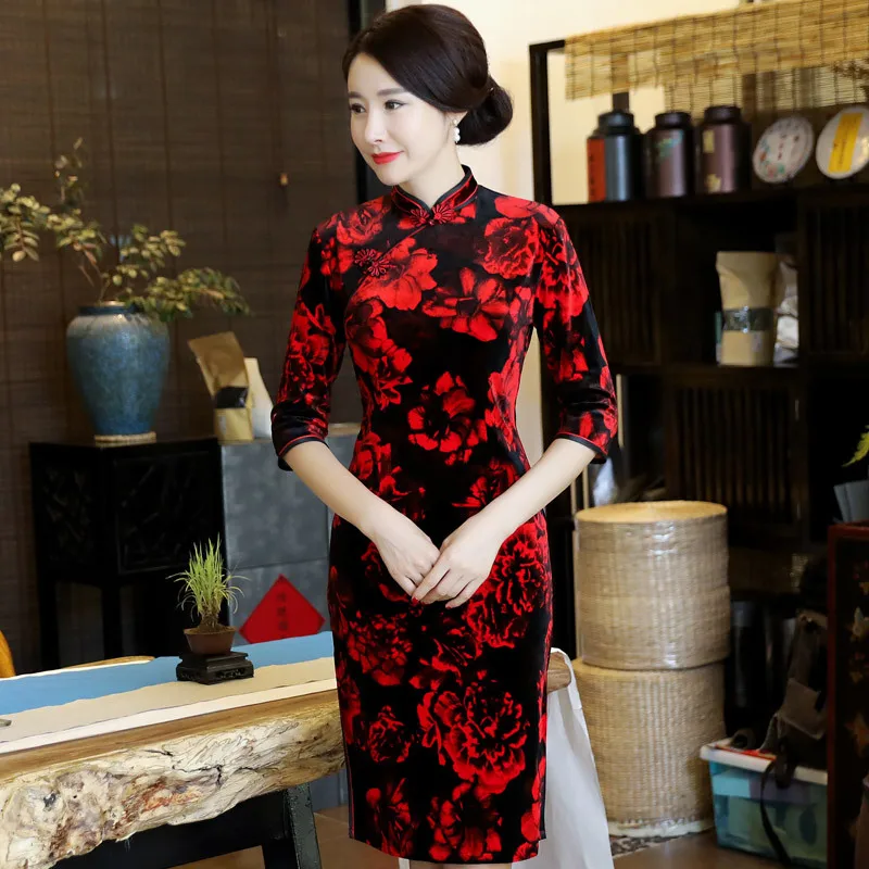 

Cheongsam Autumn 2018 New Style Women's Dignified Glorious Improved Chinese-style Old Shanghai Gold Velvet Mid-length Dress