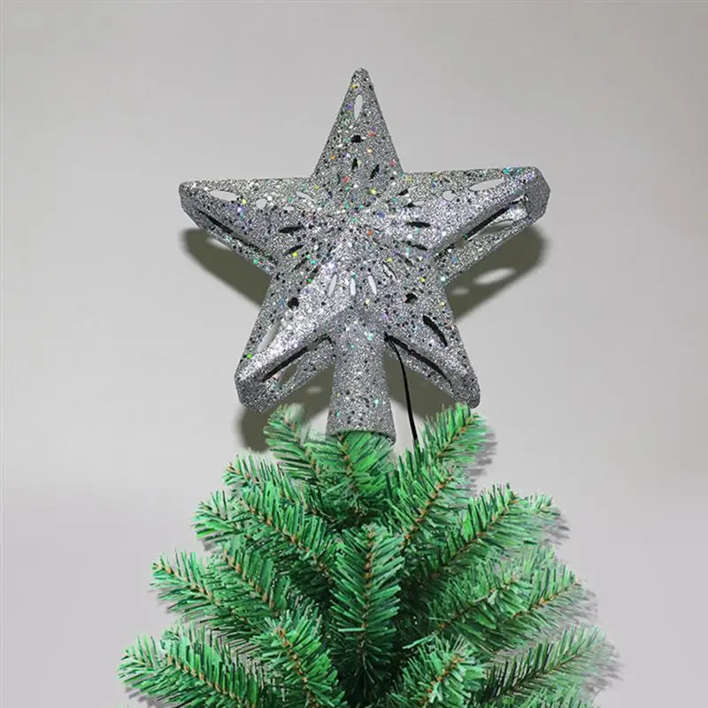 LED Christmas Tree Star Topper Treetop Snowflake Projector Lights Glitter Decor Party Supplies with EU Plug(Silver