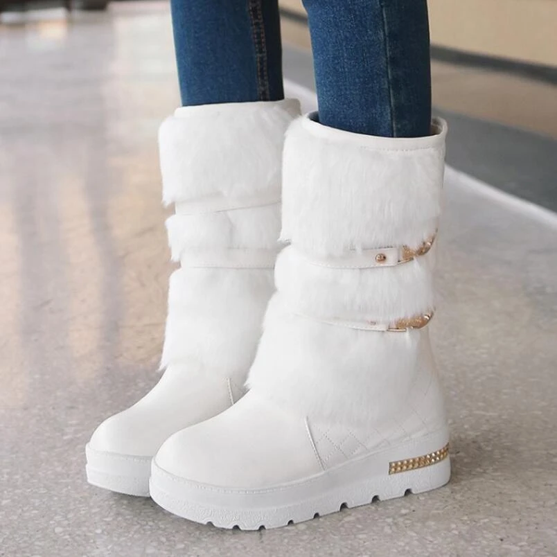 Botas de nieve de piel blanca para mujer, botines de caña con Cadenas de metal dobles, a cuadros, de cuero blanco, con plataforma de felpa larga y acogedora|Botas de nieve| -