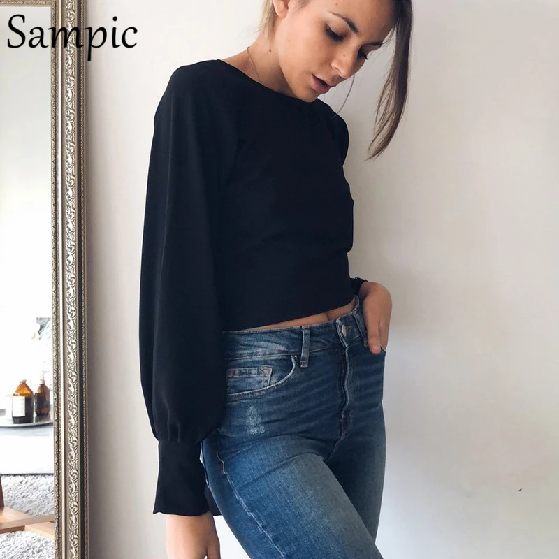 Sampic женская повседневная с круглым вырезом красная укороченная блузки с открытой спиной топы с длинным рукавом Элегантная блузка лето осень
