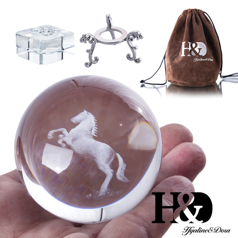 H& D 60 мм 3D лазерная гравировка лошадь целебный шар кварцевые сферы Свадебный Рождественский подарок художественное ремесло пресс-папье со стеклом и металлической подставкой - Цвет: Horse