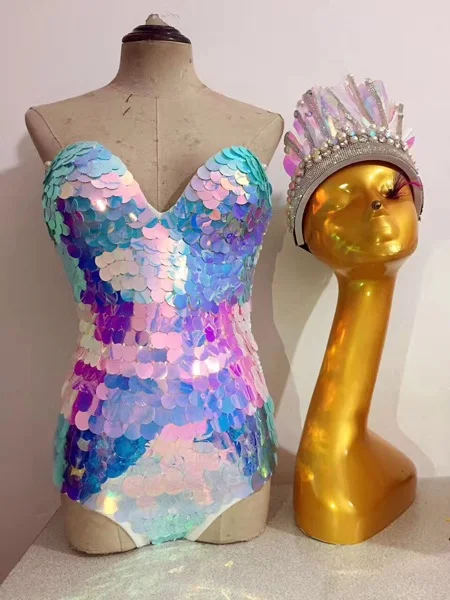 

Сексуальный волшебный боди в виде рыбьей чешуи для ночного клуба, вечевечерние, бара, сцены, шоу, русалки, принцессы, красивый костюм, корона, gogo, dj ds комбинезон