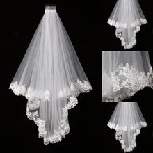 Элегантные дешевые белые/цвета слоновой кости элегантные красивые двухслойные короткие Сетка Тюль Фата невесты 1,5 м длинный Кружевной Край Тюль свадебная фата SLV02