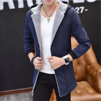 

Jacket new men's winter long section plus velvet slim windbreaker hooded single-breasted lapel large size S-5XL cotton coat