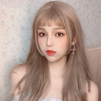

MANWEI 55CM Long Straight Milk tea colorOmbre Hair Bangs Cute Party Synthetic Cosplay Wig