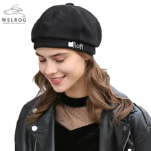 WELROG, одноцветные Восьмиугольные осенне-зимние шапки для женщин, модная шерстяная шапка, шапка с буквенным принтом тыквы, шапка дикого газетчика, берет