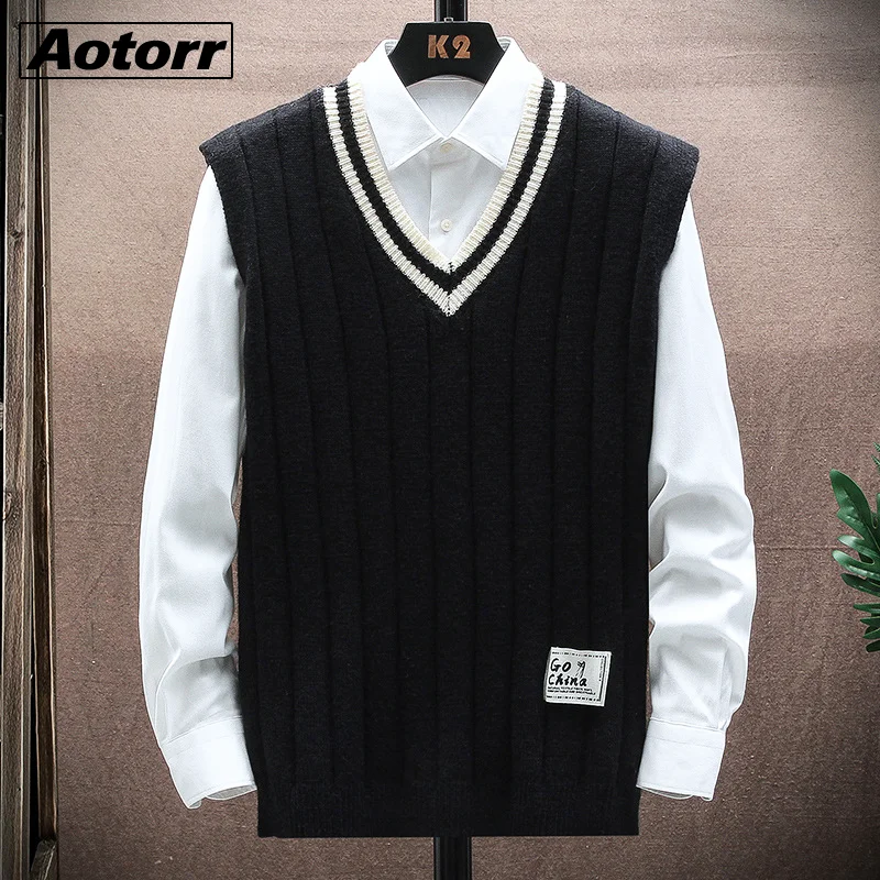 

Men's Autumn Winter Sleeveless Sweater Vest Men Fashion V-neck Waistcoat Jacket Knitwear Casual Patchwork High Quality mens Vest