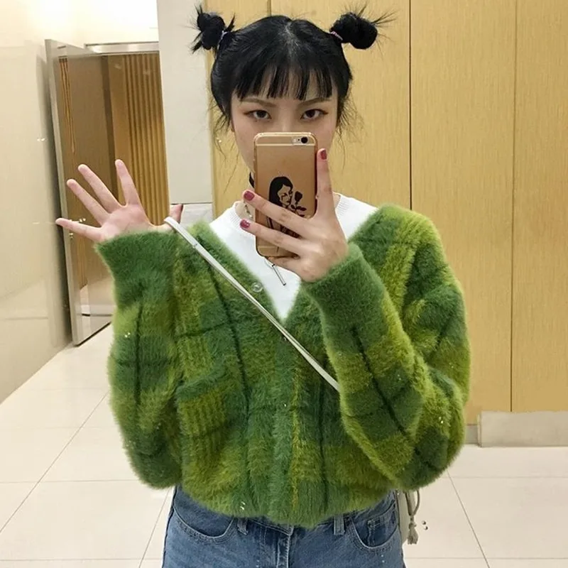 Vintage Synthetic Mink Cashmere Sweater Women Harajuku Lazy Style Ladies V-Neck Button Up Cropped Fuzzy Plaid Cardigan Knitted |