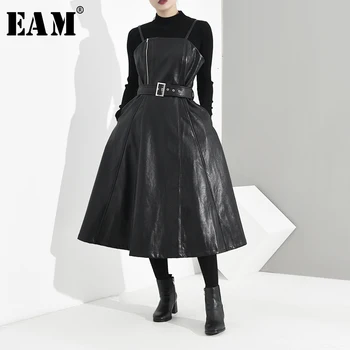 

[EAM] Women Black Zipper Split Bandage Leather Dress New Straplesss Sleeveless Loose Fit Fashion Tide Spring Autumn 2020 JD0320