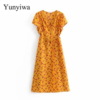 

2020 New Women Vintage Sweet Rose Floral Print Vestidos Wrapped Midi Dress French Style Short Sleeve Lace Up Chic Dresses