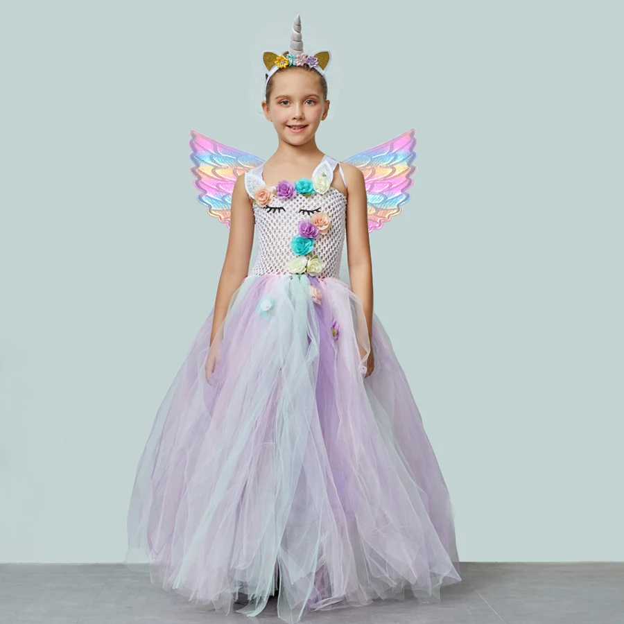 Girls Unicorn Tutu Dress with Headband Wing Costume Set Fancy Little Child Pony Clothing for Birthday Party Pageant Ball Gown (4)