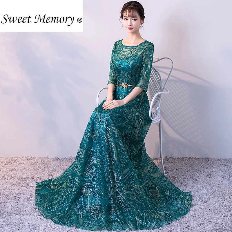 

Sweet Memory Women Luxury Elegant Green Sequined Evening Dress with Belt Half-Sleeve Long Wedding Party Dresses C1967