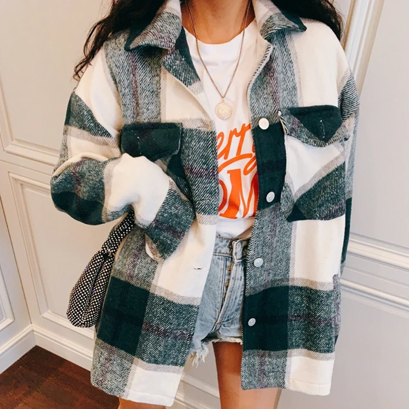 Finest Winter coats and jackets women red green plaid jacket ladies korean jackets ladies oversized jacket