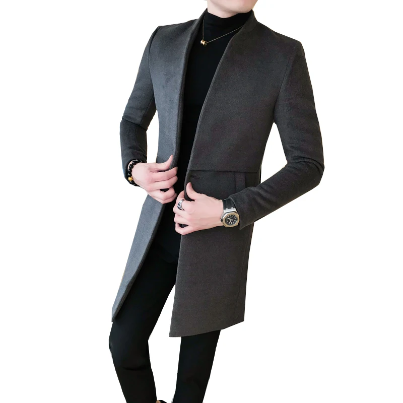 New Winter Woolen cloth overcoat Mens Single Button Coats Fashion Men Solid Business Casual Long Trench Jacket