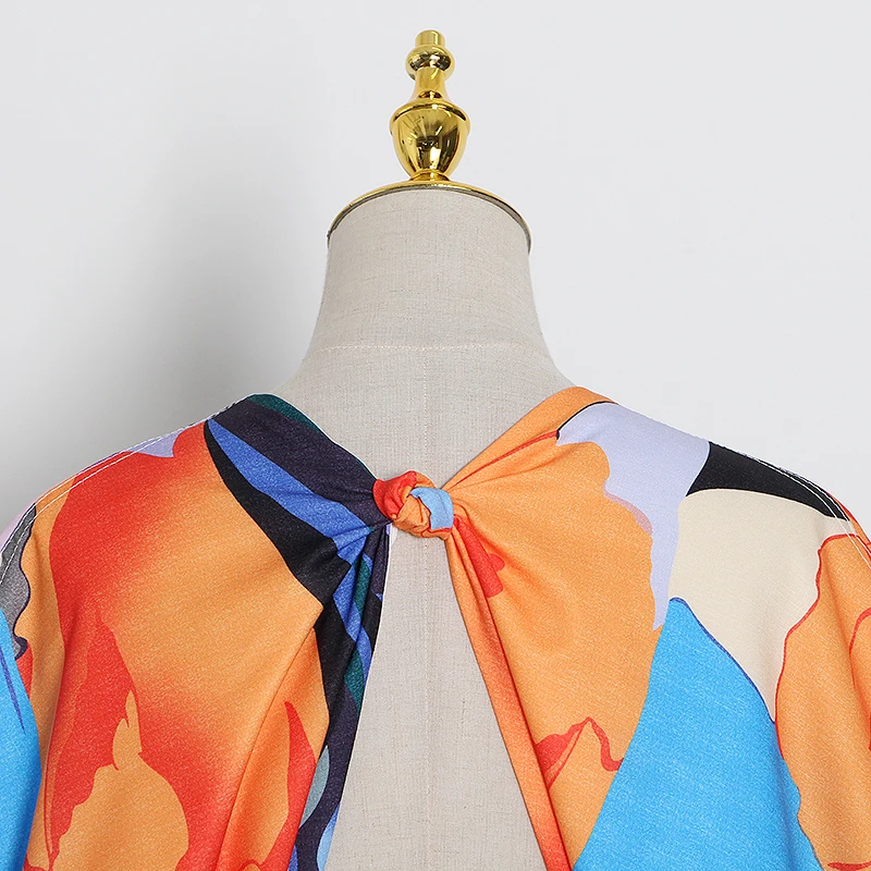 细节 (5).JPG TWOTWINSTYLE Casual Print Summer Dress Women V Neck Lantern Half Sleeve High Waist Hollow Out Hit Color Midi Dresses For Female