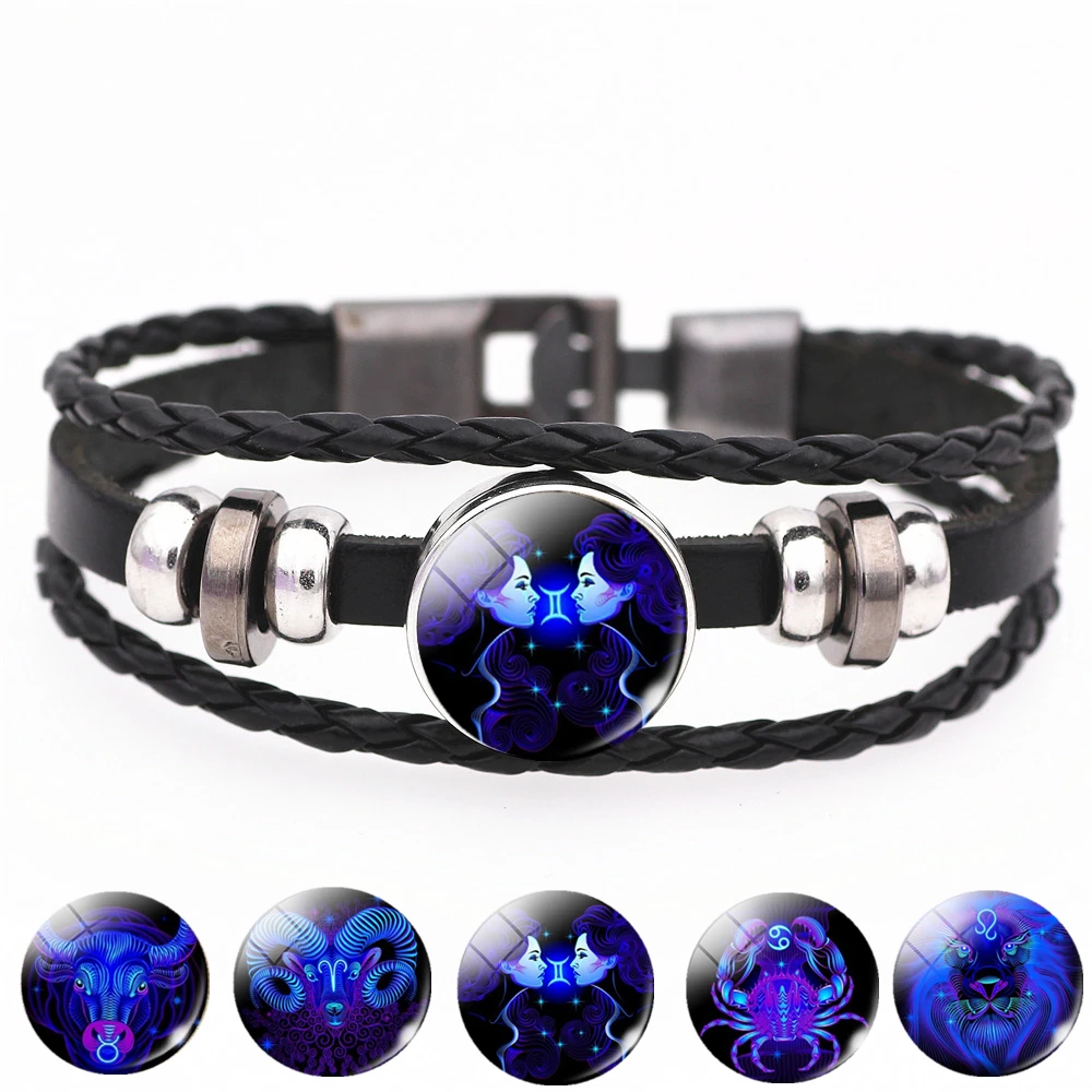 

12 Constellation Zodiac Sign Black Buckle Leather Bracelet Cancer Leo Virgo Libra Woven Glass Dome Jewelry Punk Men Bracelet