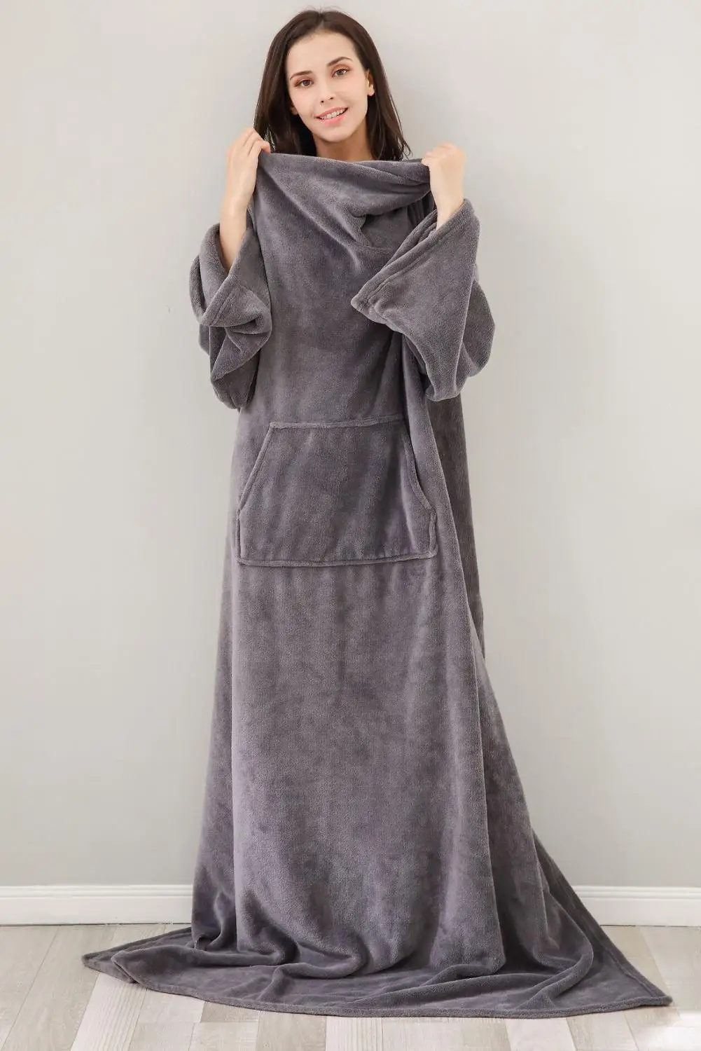 Fleece Blanket Pocket-Fuzzy-Robe Sleeves Flannel Travel Soft Adult Winter Home Camping