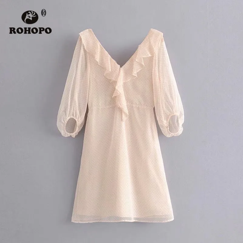 ROHOPO, Двухслойное Пышное шифоновое платье в горошек с коротким рукавом, с рюшами, с v-образным вырезом, с открытой спиной, шикарное женское праздничное платье#9481 - Цвет: CN SIZE