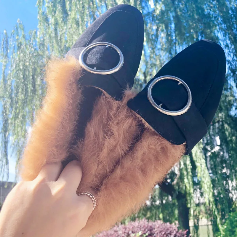 

2019 Autumn And Winter Korean-style New Style plus Velvet Rabbit Fur WOMEN'S Shoes Outer Wear Low Heel Shoes Metal Buckle Moccos