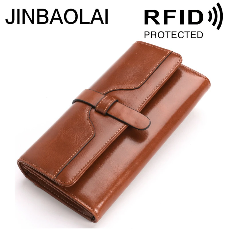 

JINBAOLAI Anti-magnetic Skin Insert Oil Wax Skin Medium and Long Leather Ms. RFID Wallet Handbag Big Capacity Free Shipping