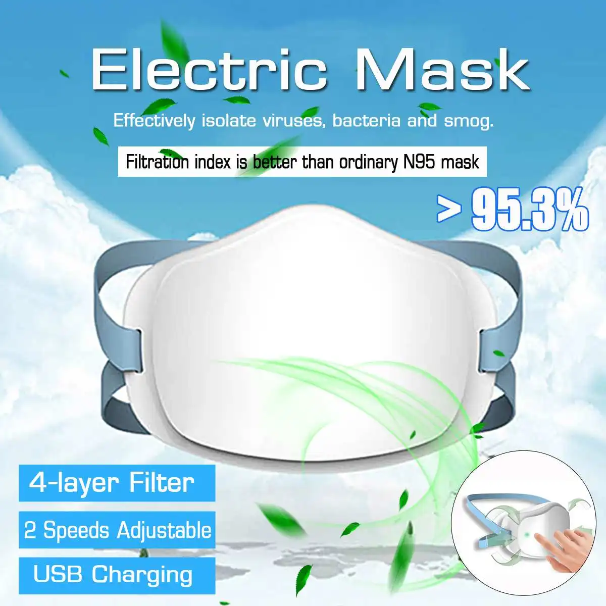 

Fast Delivery Electric Face Mask Air Purifying Anti Dust Pollution Fresh Air Supply Filter Haze Silicone Seal Electric Fan Mask