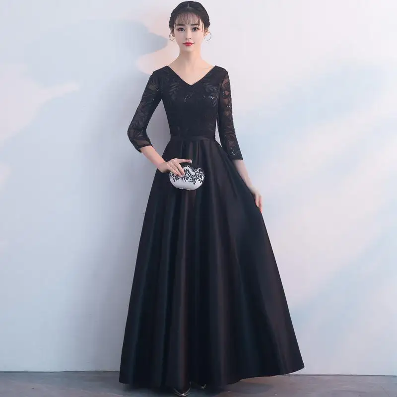 Синий блестящий Cheongsam благородное вечернее платье леди Qipao халат De Soiree Изысканная сетка Полная длина Vestidos De Festa - Цвет: Черный