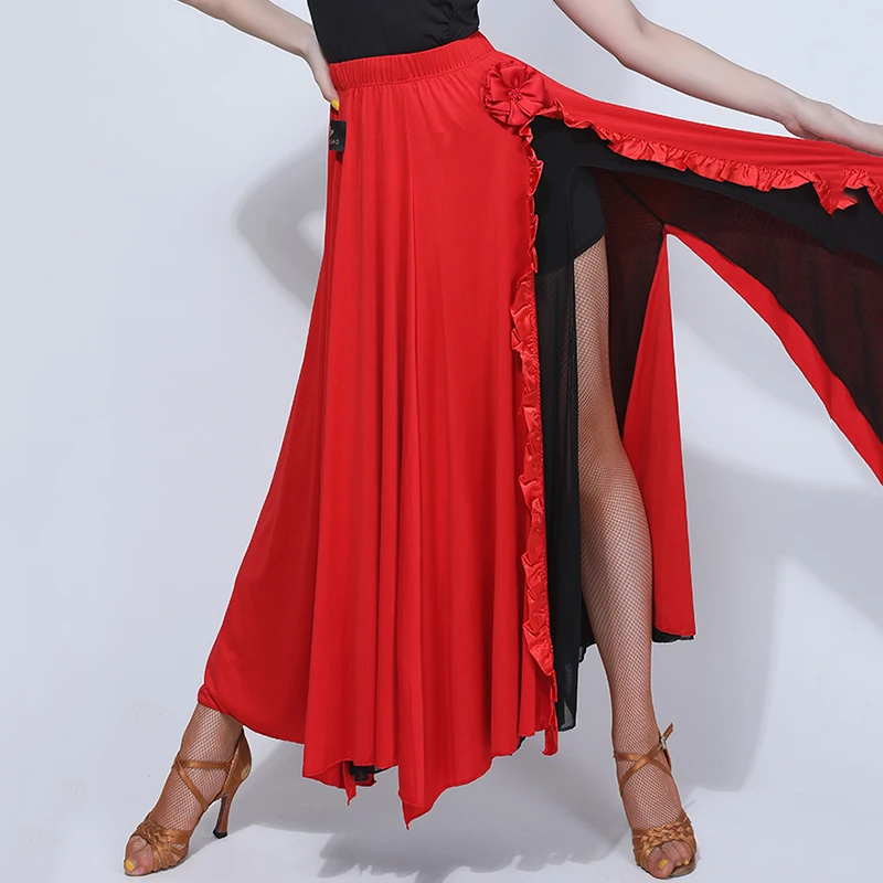 

Новинка, юбка для латинских танцев, красная, для Фламенго, для корридинга, сексуальные, раздельные юбки, ча-Румба, Самба, для занятий сальсой, одежда для выступлений, DNV12489